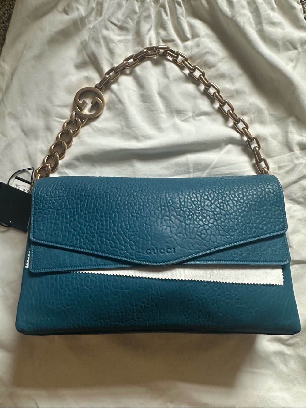 Gucci Teal Textured Leather Chain Shoulder Bag; NWT